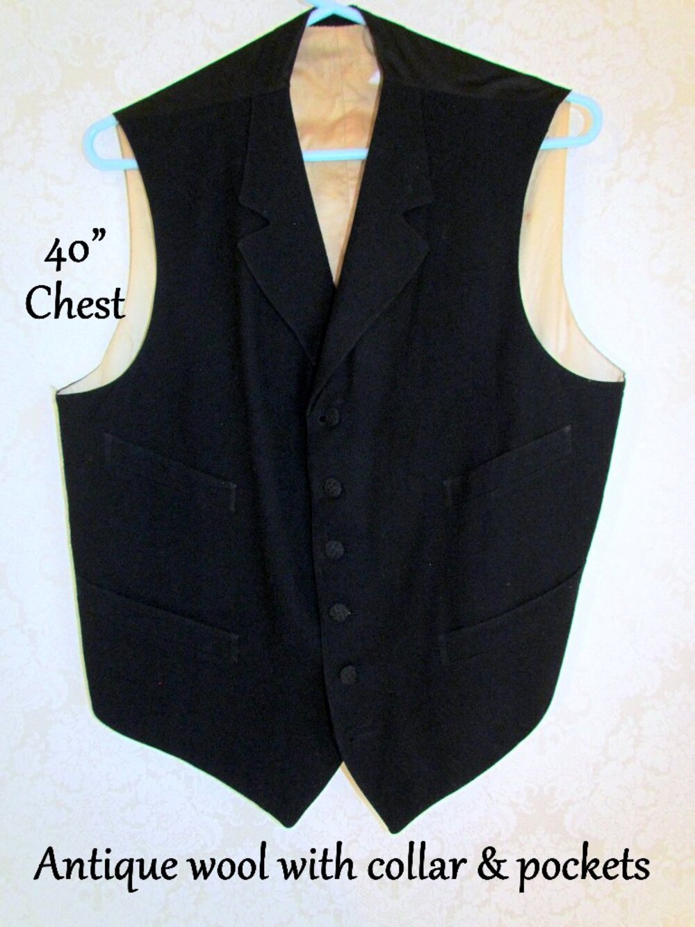 BLACK WOOL VEST, 40" CHEST, REGENCY VICTORIAN EDWARDIAN w POCKETS, FINE & DRESSY